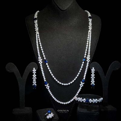 Omnia Yaza Bridal Blue Long chain Set High Quality Zircon Stone In Rhodium Plated (16cm onlu available in KSA)