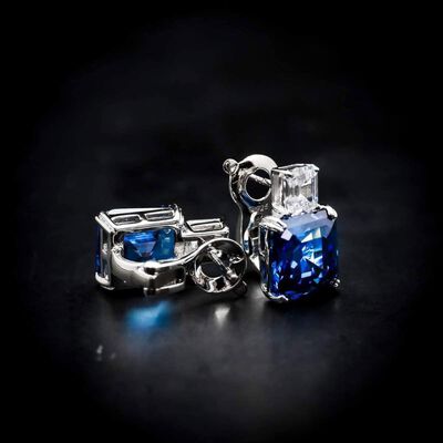 Omnia Candice Blue Emerald Cut Clip-On Earrings in 92.5 Silver with High Quality Simulated Diamonds
