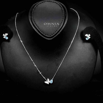 Omnia Nardeen Silver Butterfly Necklace and Earrings Set in 925 Silver with High-Quality Blue Ice Cut Stones