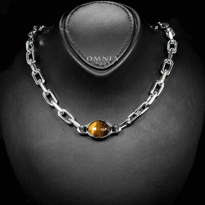 Omnia Caliya Silver Color Necklace,Bracelet and Earrings Set in High-Quality 8mm Stainless Steel with Brown Stone