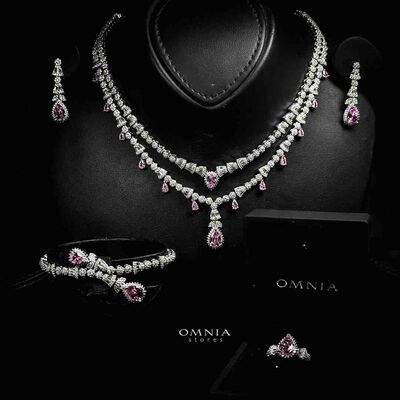 Omnia Ghada Pink Bridal Full Set with Rhodium Plated in High Quality Zircon Stone Rhodium Plated