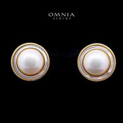 Omnia Leona White Mabel Pearl Classic Stud Earrings with Textured Beaded Frame in Brass with Gold Plated Finish