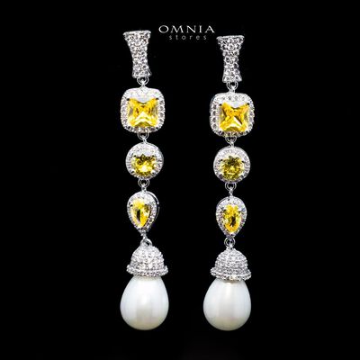 Omnia Farida Pearl Drop Earrings with High Quality Yellow Zircon Stone in Rhodium Plated