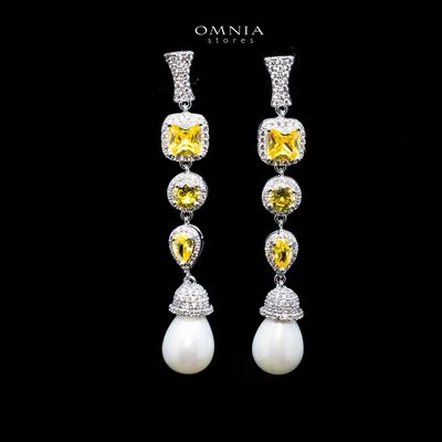 Omnia Farida Pearl Drop Earrings with High Quality Yellow Zircon Stone in Rhodium Plated