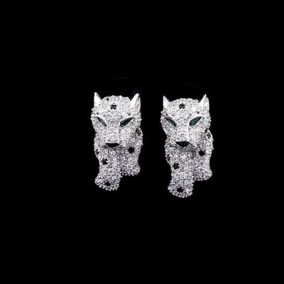 Omnia Salma Panther Design Earrings with Emerald Accents in 92.5 Silver and High-Quality Simulated Diamonds