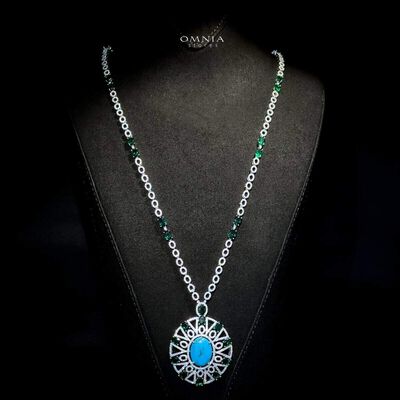 Omnia Ayala Blue &amp; Green Bridal Long Chain Full Set Accessories High Quality Zircon Stone In Rhodium Plated
