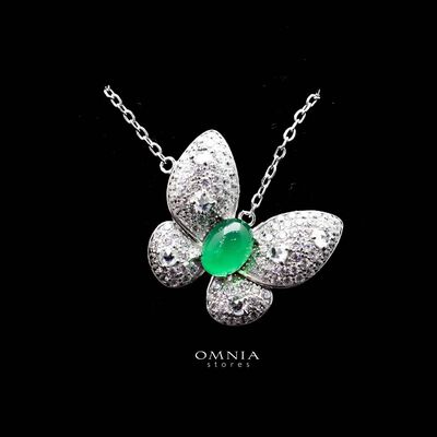 Omnia Layan Butterfly Pendant Necklace with Emerald Stone in 92.5 Silver High Quality Simulated Diamonds