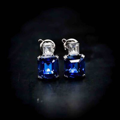 Omnia Candice Blue Emerald Cut Clip-On Earrings in 92.5 Silver with High Quality Simulated Diamonds