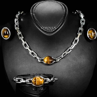 Omnia Caliya Silver Color Necklace,Bracelet and Earrings Set in High-Quality 8mm Stainless Steel with Brown Stone