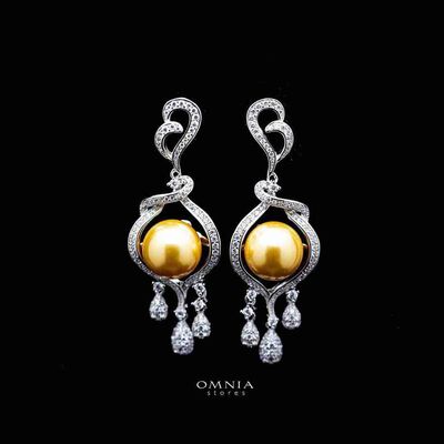 Omnia Amara Yellow Pearl Drop Earrings in 92.5 Silver with High Quality Simulated Diamonds
