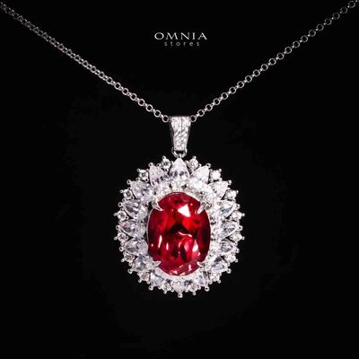 Omnia Alima Silver Necklace and Earrings Set in 925 Silver With High Quality GRC Certified Ruby Red Lab Grown Stones