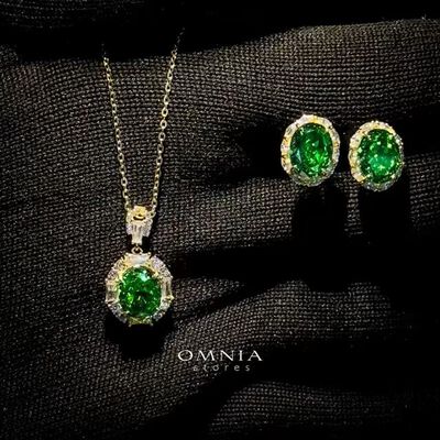 Omnia Natalia Gold and Green Set in 92.5 Silver with High-Quality Ice Cut Stones