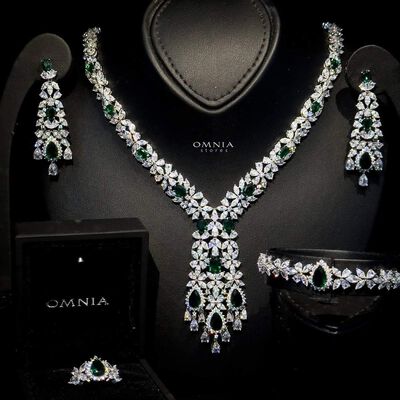 Omnia Shamma Green Bridal Full Set Accessories High Quality Zircon Stone in Rhodium Plated