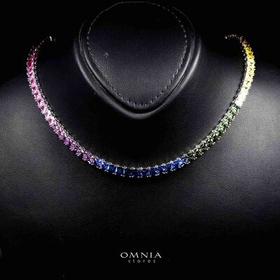 Omnia Zaha Rainbow Silver Tennis Necklace in 925 Silver With GRC Certifited High Quality Sapphire Lab Grown Stones SQ 4x4mm
