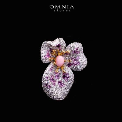 Omnia Musheera Pink Coral Flower Silver brooch in 925 Silver High Quality Pink Simulated Diamonds Stones