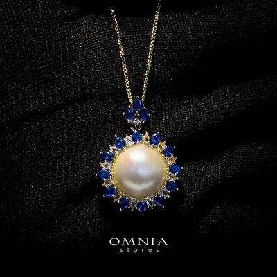 Omnia Celeste White Mabel Pearl Halo Pendant Necklace with Blue Sapphire Accents in Brass with Gold Plated Finish