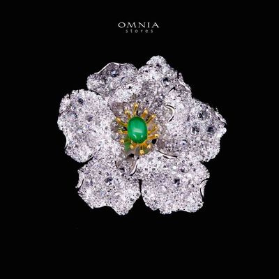 Omnia Riyana Green and Gold Flower Brooch  in 925 Silver High Quality Simulated Diamond Stones