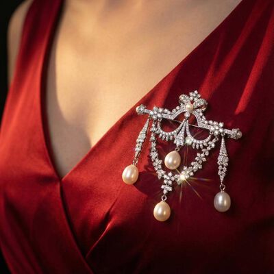 Omnia Haadiyah Fresh Real Water Pearl brooch in 92.5 Silver High Quality Simulated diamonds