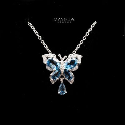 Omnia Rania butterfly Necklace In 92.5 Silver High Quality London Blue Topaz