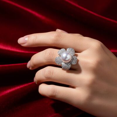 Omnia Najaah Floral Fresh Water Pearl Ring in 925 Silver In High Quality Simulated Diamonds