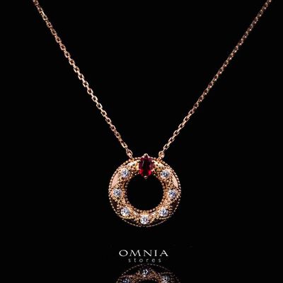 Omnia Suhairah Rose Gold Silver Pendant Necklace In 925 Silver High Quality Certified Red Lab Crafted Stones