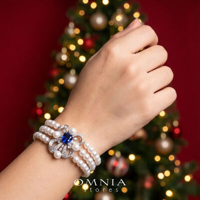 Mahboobeh Blue Pearl Bracelet in 925 Silver with High Quality Simulated Diamonds
