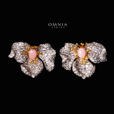 Omnia Fiora Pink Coral Flower Silver Clip Earrings in 925 Silver High Quality White Simulated Diamond Stones