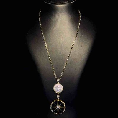 Omnia Falak Necklace in Black Agate Stone in High Quality Zircon Stone in Rhodium Plated