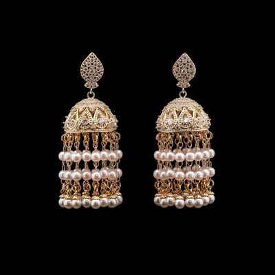 Omnia Safa Gold Earrings with Intricate Filigree Design, Pave-Set High-Quality Zircon Stones, and Layered Pearl Tassels in a Gold-Tone Rhodium Plated Finish