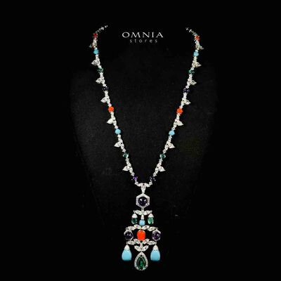 Omnia Raniya Chandelier Multi Color Silver Long Chain Necklace In 925 Silver High Quality Certified Lab Crafted Stones