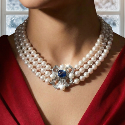 Mahboobeh Blue Pearl Necklace in 925 Silver with High Quality Simulated Diamonds