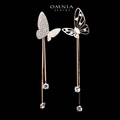 Omnia Basma Butterfly Rose Gold Long Drop Earrings in 92.5 Silver With High Zircon Stone