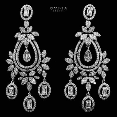 Omnia Qayla Silver Drop Eariings With Rhodium Plated In High Quality Zircon Stone