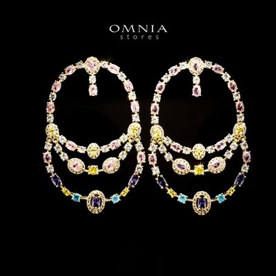 Omnia Laila Layered Earrings with Multicolor Zircon in High Quality Rhodium Plated