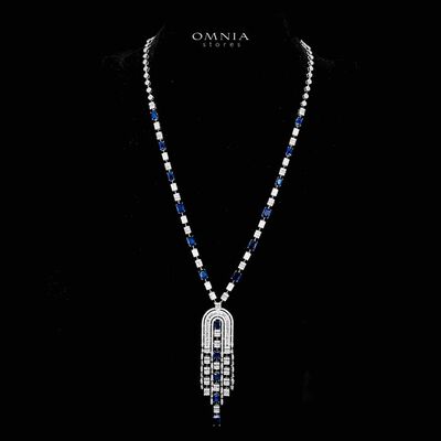 Omnia Jane Blue Bridal Long Chain Set in Rhodium Plated Finish with High-Quality Zircon Stones