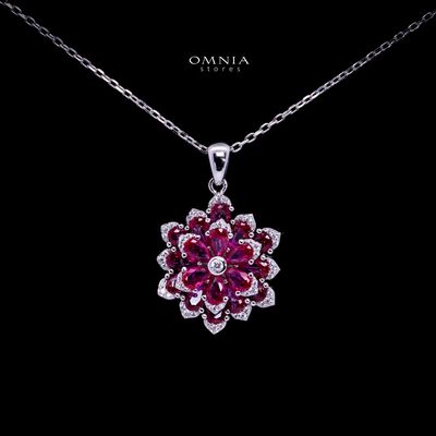Omnia Damiyah Red Floral Silver Pendant Necklace in 925 Silver with High Quality Simulated Diamonds