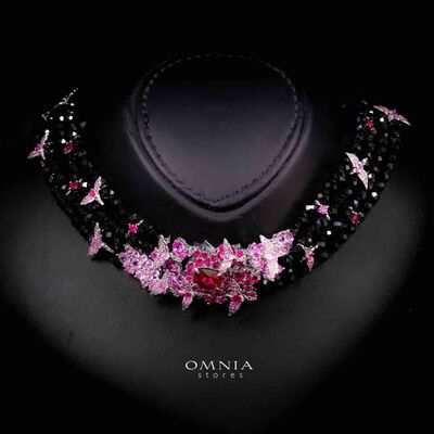 Omnia Blossom Black Beads Necklace in 925 Silver with High Quality Simulated Diamonds
