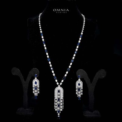 Omnia Jane Blue Bridal Long Chain Set in Rhodium Plated Finish with High-Quality Zircon Stones
