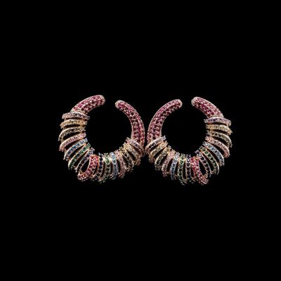 Omnia Narmeen Multicolored Spiral Hoop Earrings with High-Quality Zircon Stones in Rhodium-Plated Finish