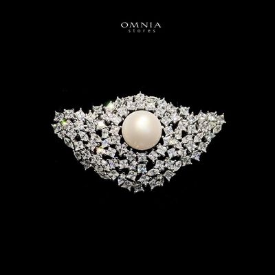 Omnia Radiant Real Freshwater Pearl Brooch in 92.5 Silver with High Quality Simulated Diamonds