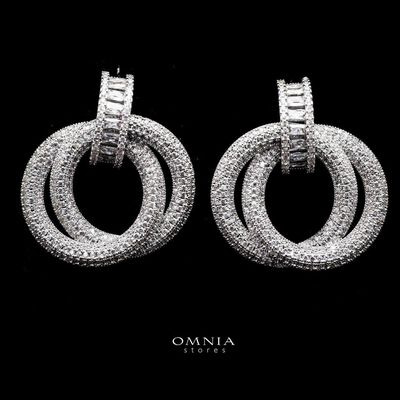 Omnia Ivana Double Hoop White Earrings in High Quality Zircon Stone Rhodium Plated