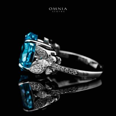 Omnia Maysun Baby Blue Oval Ring in 92.5 Silver with High Quality Simulated Diamonds