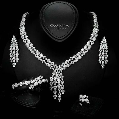 Omnia Samarah Pearl Luxury Bridal White Pearl Full Set in High Quality Zircon Stone Rhodium Plated(18cm Only Available in ksa)