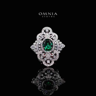 Omnia Bayan Green Silver Ring in 925 Silver with High Quality White Simulated Diamonds