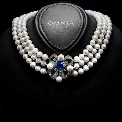 Mahboobeh Blue Pearl Necklace and Bracelet Set in 925 Silver with High Quality Simulated Diamonds