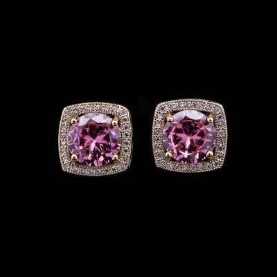 Omnia Pink Golden Halo Stud Earrings in High-Quality Zircon Stone in Rhodium Plated