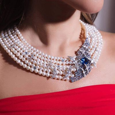 Omnia Blue Butterfly Pearl Necklace in 92.5 Silver with High Quality Simulated Diamonds