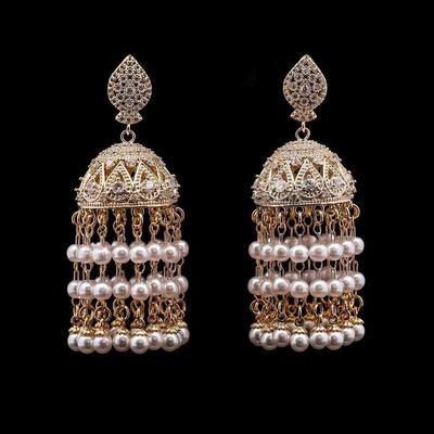 Omnia Safa Gold Earrings with Intricate Filigree Design, Pave-Set High-Quality Zircon Stones, and Layered Pearl Tassels in a Gold-Tone Rhodium Plated Finish