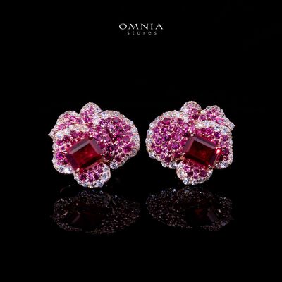 Omnia Masa Floral Earrings with Pink Emerald-Cut Stones in 92.5 Silver with High-Quality Simulated Diamonds