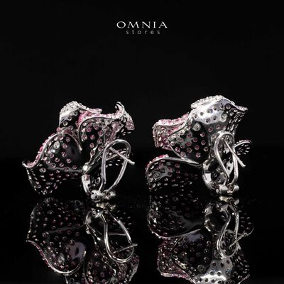 Omina Maiza Pink Coral Flower Earrings in 925 Silver with High Quality Pueple Simulated Diamond Stones